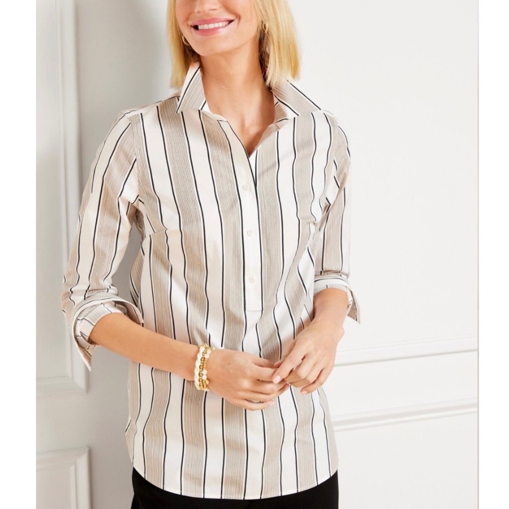 Talbots Non-Iron Tunic Chatham Stripe Blouse Chic Minimalist Neutral Beige XL